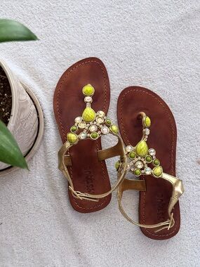 Mystique Gold Jeweled T-Strap Leather Handmade Sandals with Lime Accents Sz 6
